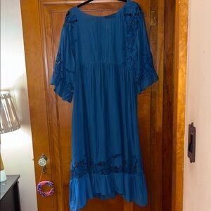 Akemi + Kin Anthropologie Blue Eyelet Meadow Midi Dress; XS; ruffle sleeves